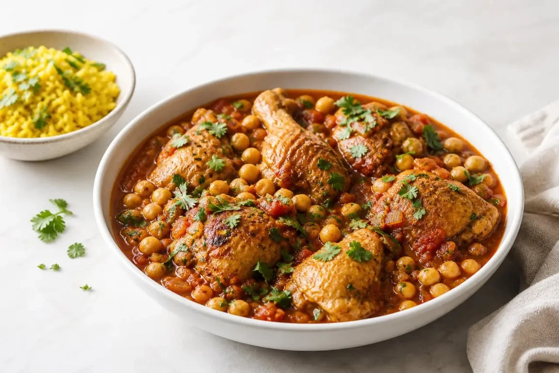 Recette au poulet marocain servie dans un grand plat familial avec riz au safran et pois chiches