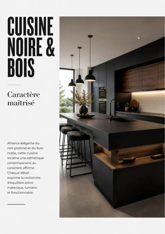 Idées déco cuisine noire et bois avec ambiance moderne