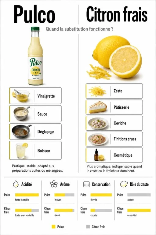 Le pulco peut il remplacer le citron ? Infographie comparative des usages, des limites et des différences avec le citron frais