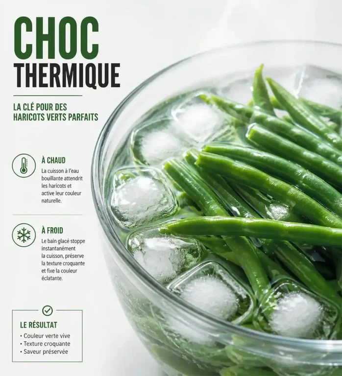 Choc thermique pour haricots verts frais après cuisson.