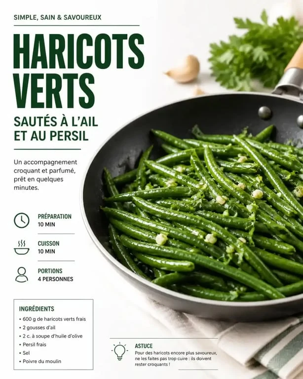 Poêlée de haricots verts frais à l'ail et persil, cuisson parfaite.