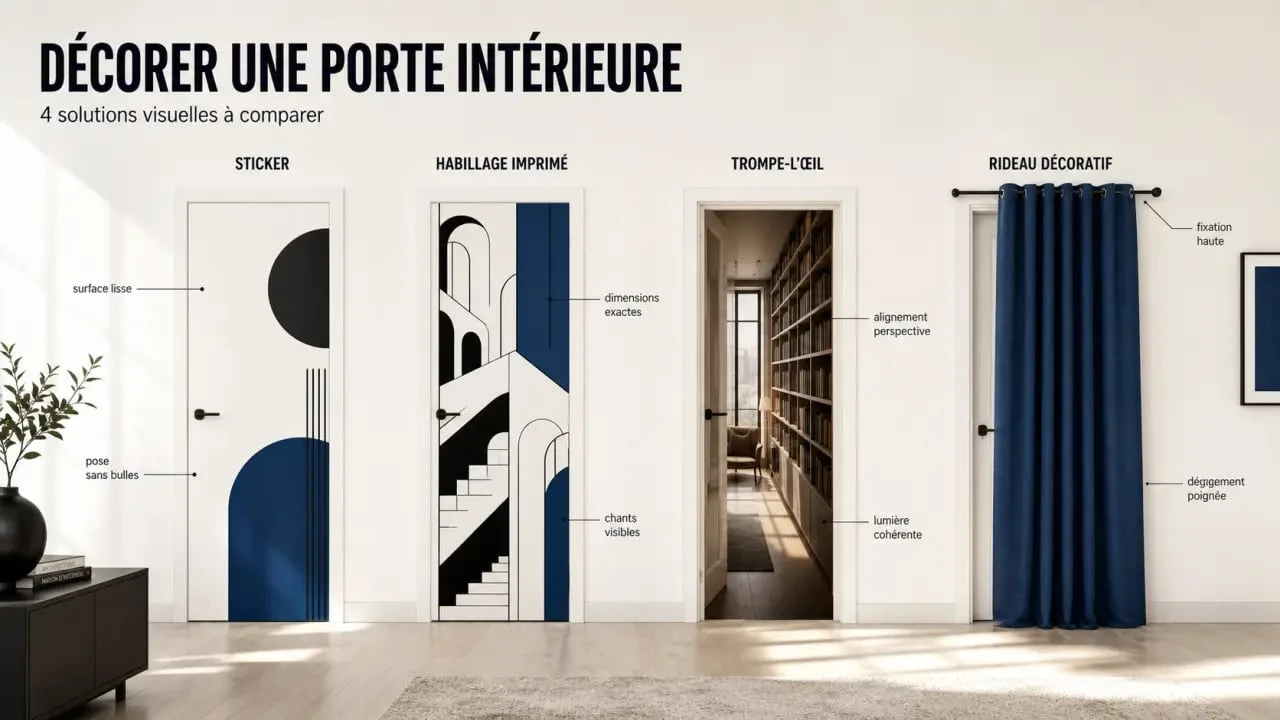Décoration porte intérieure : comparaison visuelle des solutions sticker, habillage, trompe-l'œil et rideau décoratif