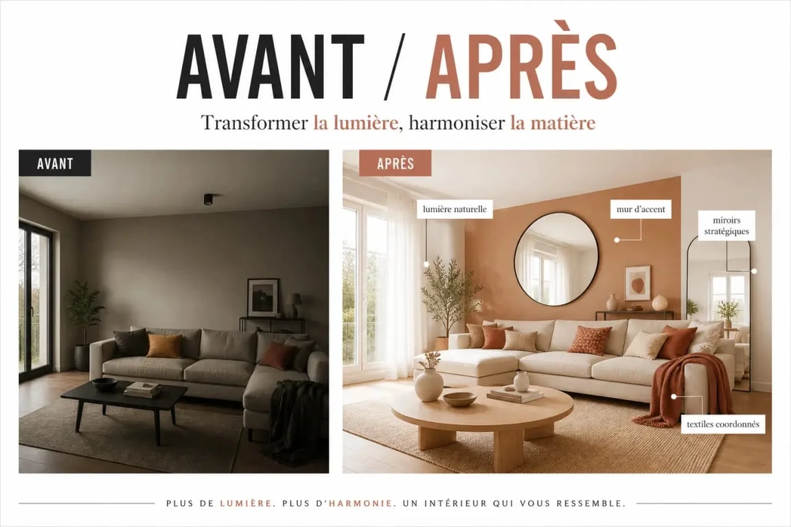 Décoration intérieure havredemaison : salon transformé avec couleurs claires, lumière et mur d’accent