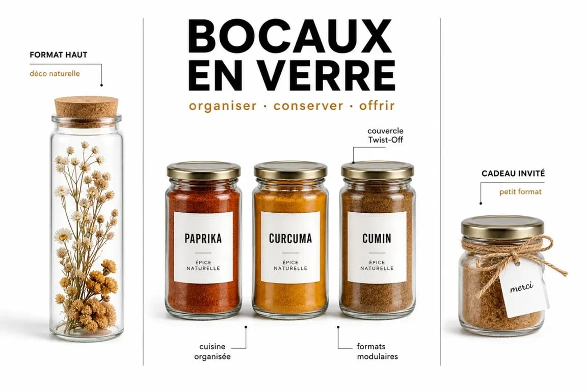 Déco bocaux : trois bocaux en verre décorés dans des styles naturel, cuisine et cadeau invité