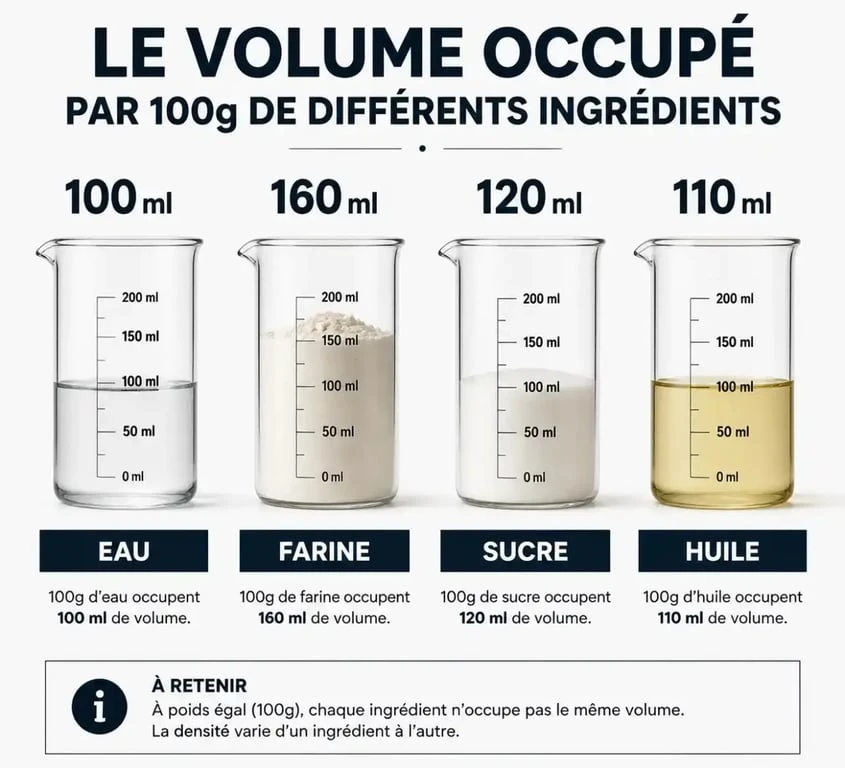 Infographie comparant le volume de 100g de différents ingrédients pour la conversion 100g en ml