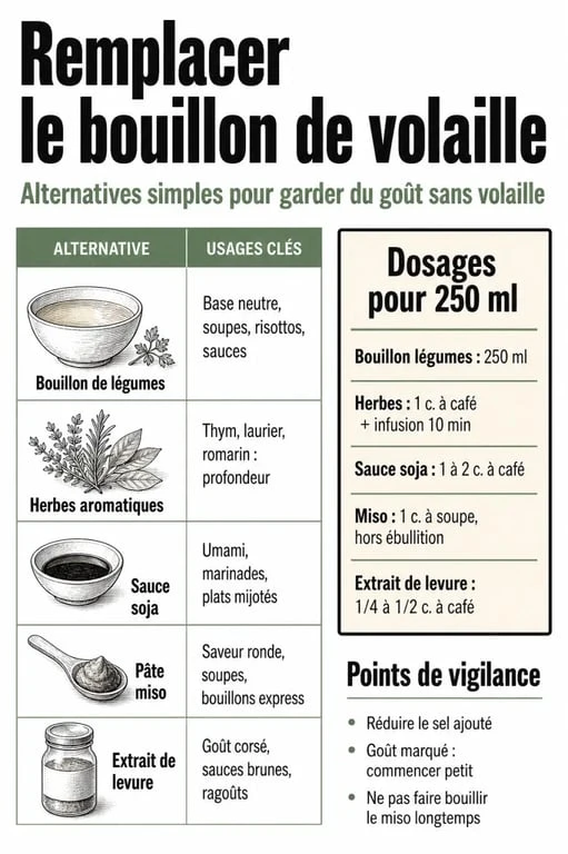 Par quoi remplacer le bouillon de volaille : alternatives, dosages et conseils pratiques en cuisine