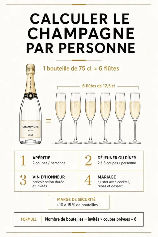Combien de champagne par personne : visualisation des repères de bouteilles et de coupes pour apéritif, dîner et mariage