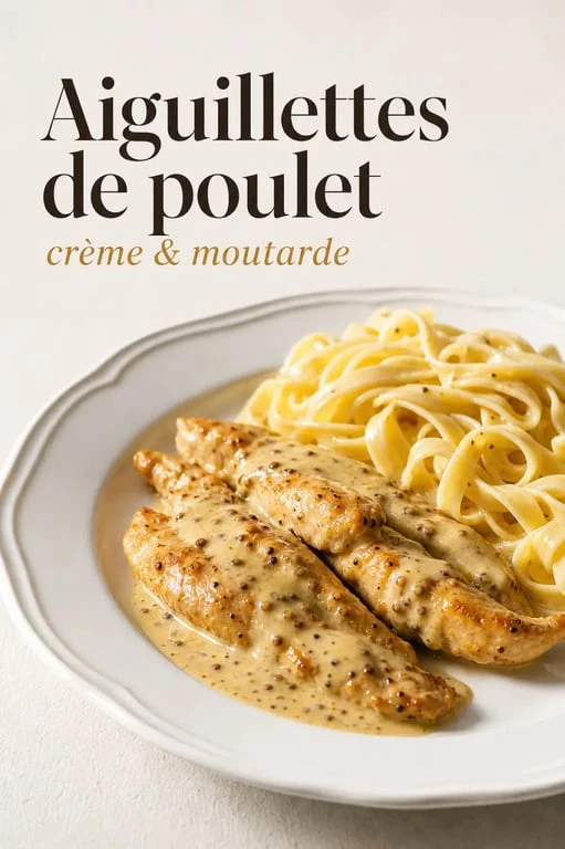 Recette d'aiguillettes de poulet à la crème et à la moutarde, servie en assiette avec sauce nappante