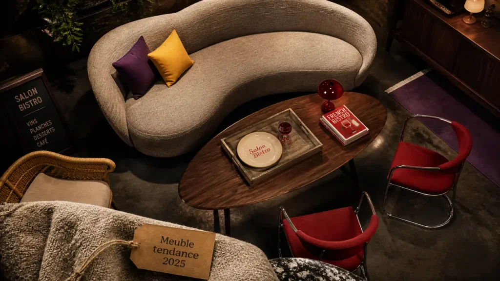 Meuble tendance 2025 : courbes, noyer, chrome et couleurs vives pour moderniser sans tout changer