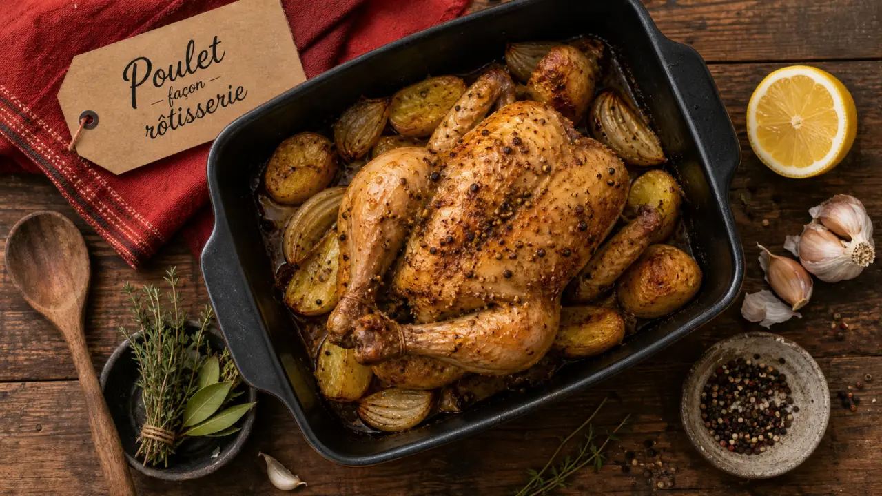 Poulet rotisserie au four, 210°C puis 180°C, peau croustillante