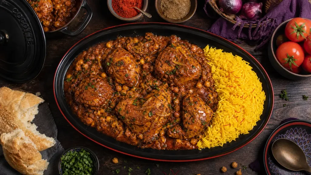 Poulet marocain mijoté, sauce parfumée et riz au safran en 1 h 30