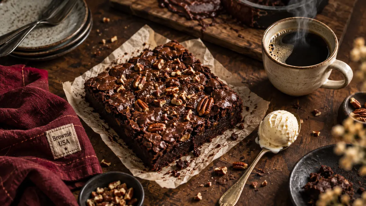 Cuisine americaine recettes : brownie fondant, café, pécan sur table bois