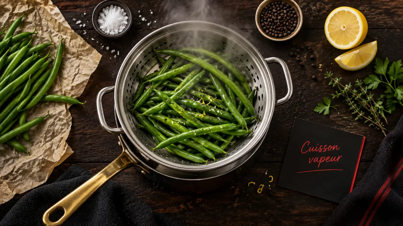Cuisson vapeur haricot vert : 5 à 7 minutes, haricots verts frais en panier vapeur