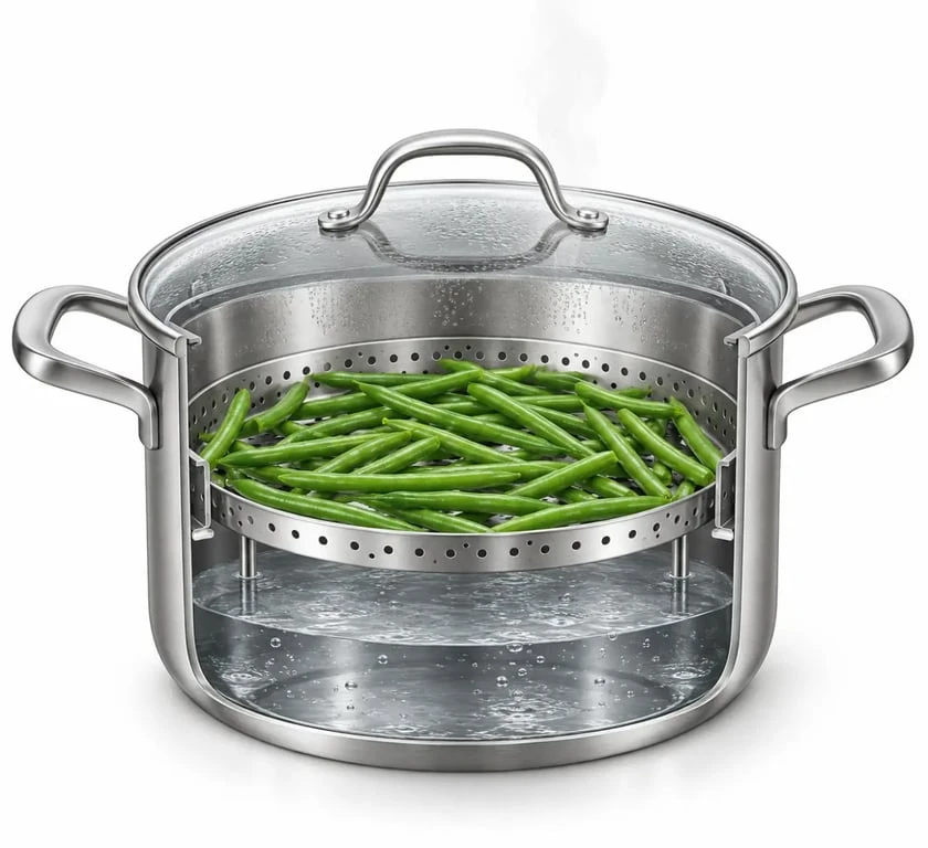 Cuisson vapeur haricot vert dans un panier au-dessus de l’eau