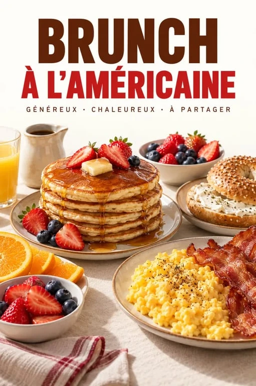 Cuisine americaine recettes : brunch américain avec pancakes, œufs et bagels