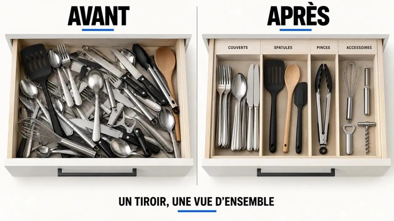 IKEA aménagement placard cuisine : tiroir organisé avec séparateurs et compartiments