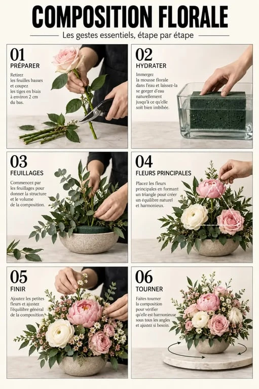 Étapes pour faire une composition florale soi-même avec fleurs, feuillage et mousse florale