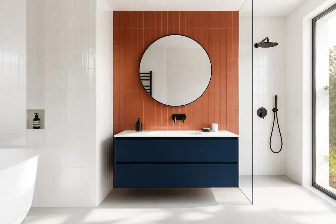 Idées déco salle de bain colorées avec meuble bleu et crédence terracotta