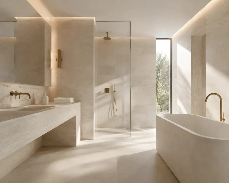 Idées déco salle de bain style quiet luxury avec pierre claire et laiton brossé