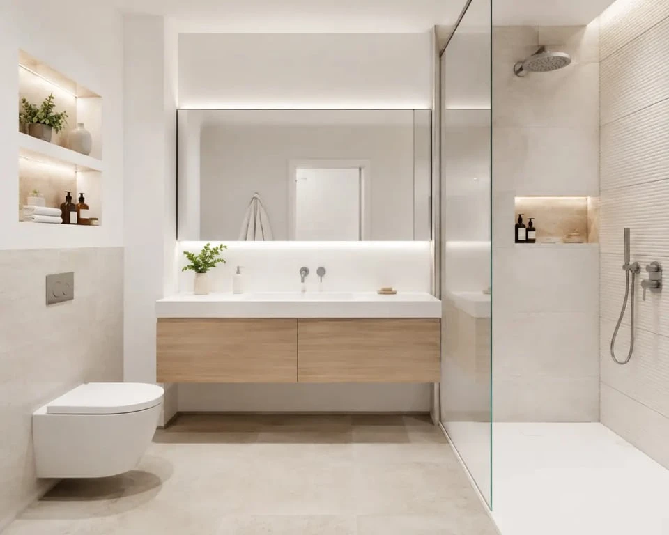 Idées déco salle de bain pour petite pièce avec rangements intégrés et grand miroir