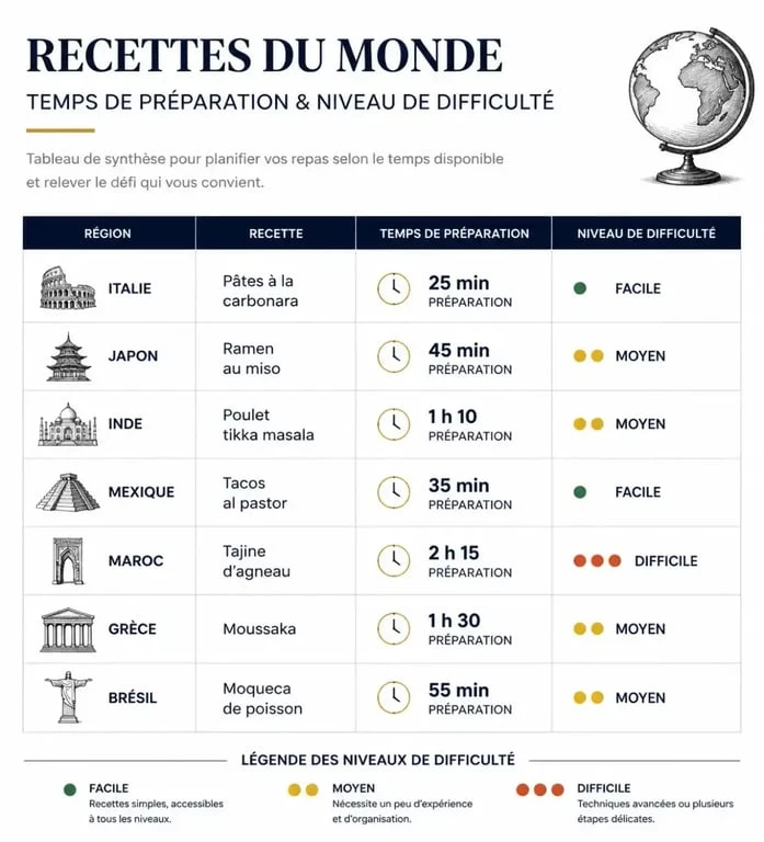 Tableau récapitulatif des niveaux de difficulté et temps de préparation pour vos recettes de voyage en cuisine.