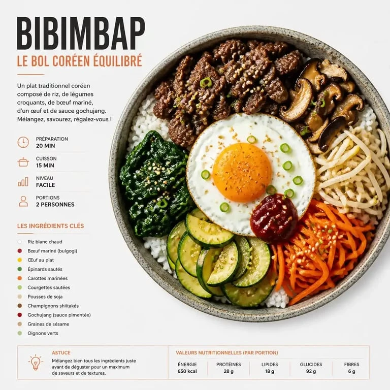 Recette de voyage en cuisine : bol de Bibimbap coréen traditionnel et simplifié.