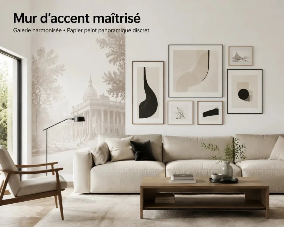 Idées déco mur avec galerie de cadres et papier peint panoramique derrière un canapé