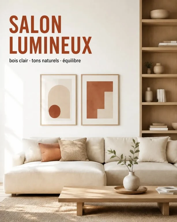 Idées déco mur dans un salon avec bois clair, cadres beiges et palette terracotta