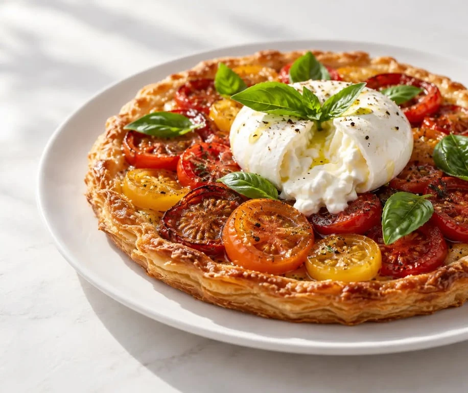 Cuisine et vin de France recettes : tarte fine aux tomates, burrata et basilic