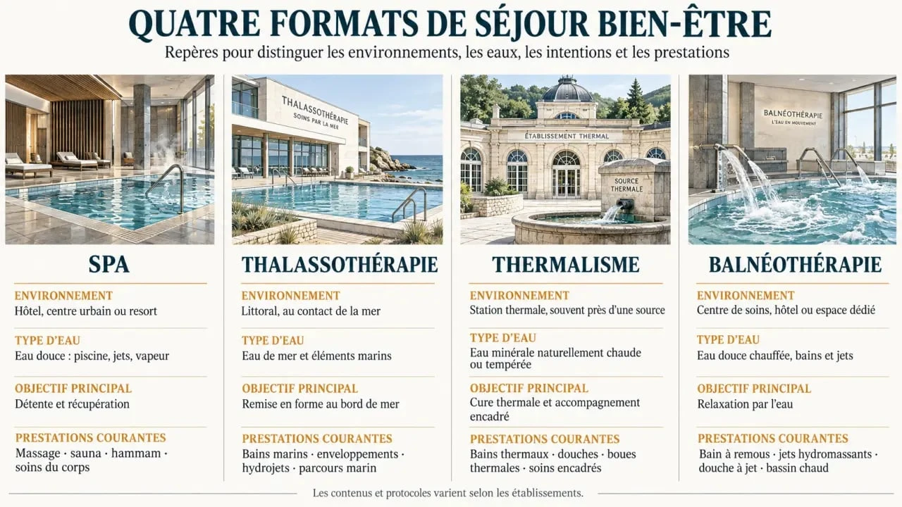 Séjour bien-être : comparaison entre spa, thalassothérapie, thermalisme et balnéothérapie