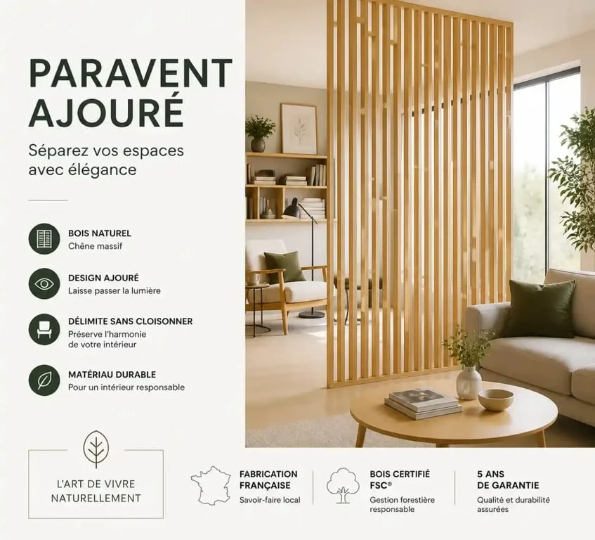 Paravent décoration intérieure en bois clair pour structurer un salon