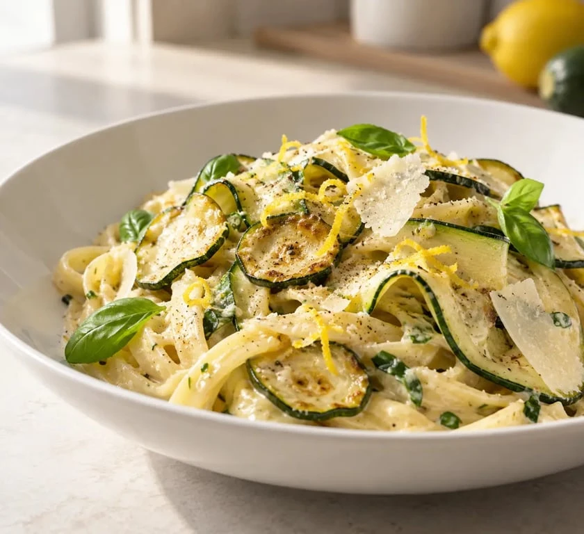 Blog recettes cuisine : pâtes crémeuses aux courgettes et au citron
