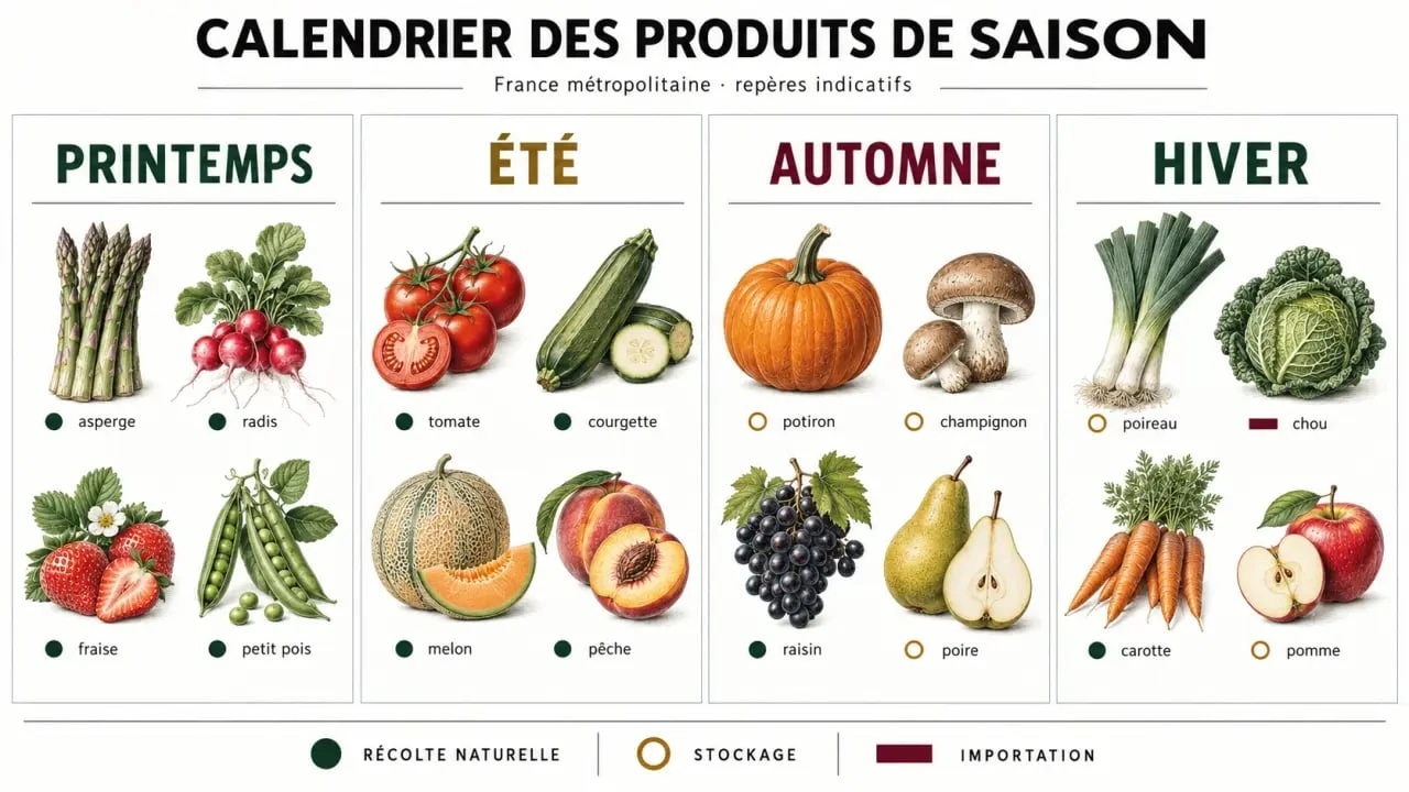 Calendrier illustré des produits de saison par mois et par saison en France