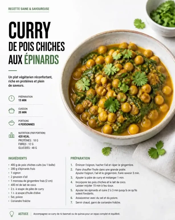 Recette de curry de pois chiches aux épinards, cuisine du monde