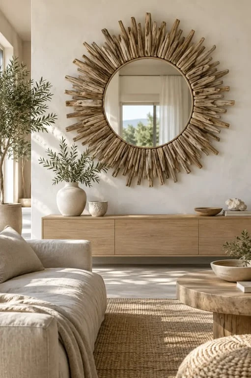 Idées déco bois flotté ambiance nature avec miroir soleil dans un salon