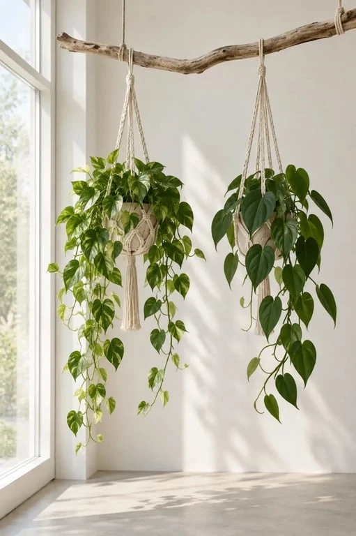Idées déco bois flotté ambiance nature avec suspension végétale