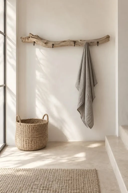 Idées déco bois flotté ambiance nature dans une entrée avec branche-penderie
