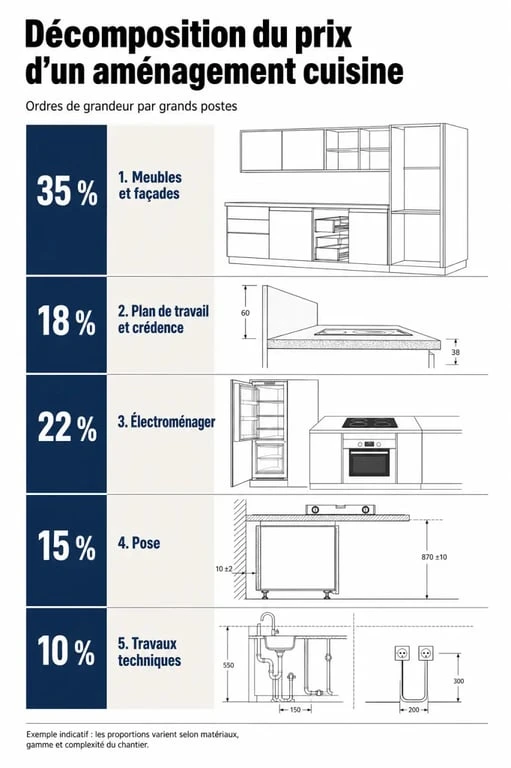 Prix aménagement cuisine : décomposition visuelle du budget entre meubles, pose et travaux techniques