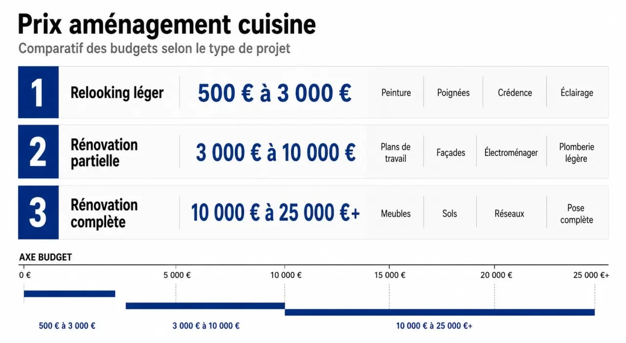 Prix aménagement cuisine : comparatif visuel des budgets selon le type de projet