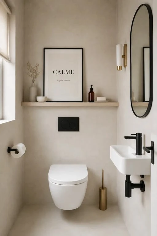 Idées déco toilettes minimalistes avec accessoires noirs mats et laiton brossé