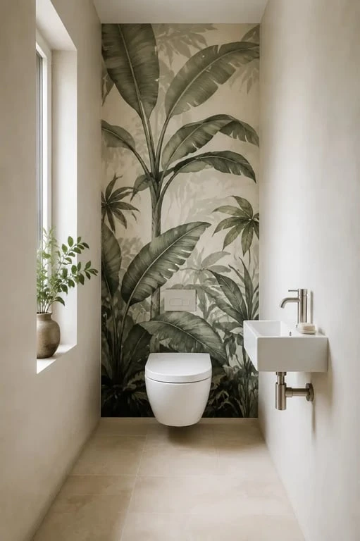Idées déco toilettes pour WC étroits avec papier peint panoramique sur le mur du fond