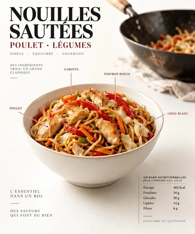 Recette de cuisine chinoise traditionnelle : nouilles sautées au poulet et légumes