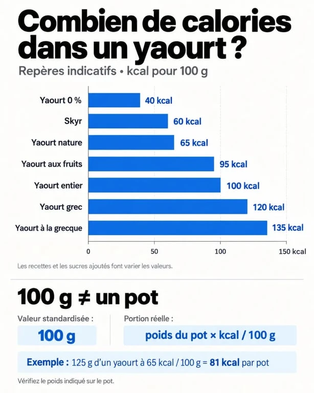 Yaourt calories : graphique comparatif des kcal selon le type de yaourt et la portion