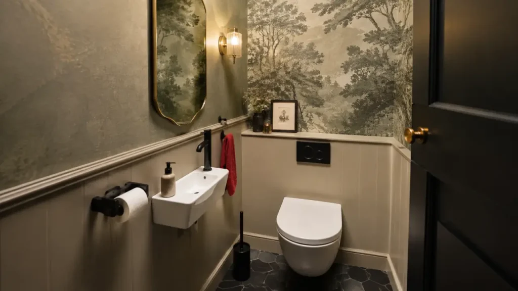 Idées déco toilettes : WC étroit au papier peint vert sauge et laiton brossé