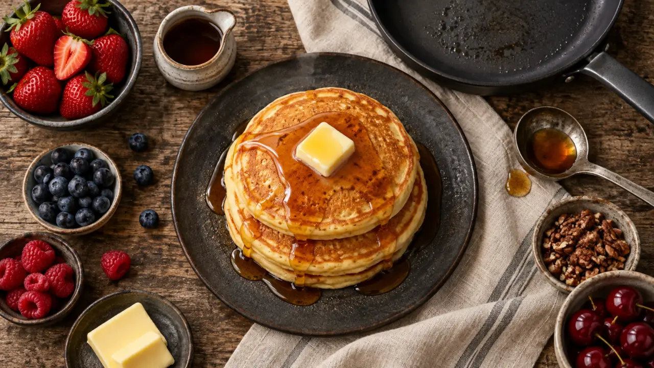 Pancakes recette fluffy, pile dorée au feu doux, pâte épaisse