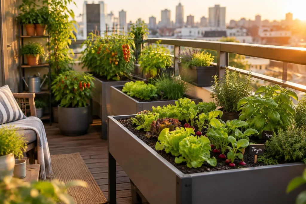 Un potager urbain sur balcon réussit avec 4 à 6 heures de soleil et des bacs bien dimensionnés
