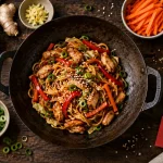 Recettes cuisine chinoise traditionnelle : nouilles au wok au poulet et légumes