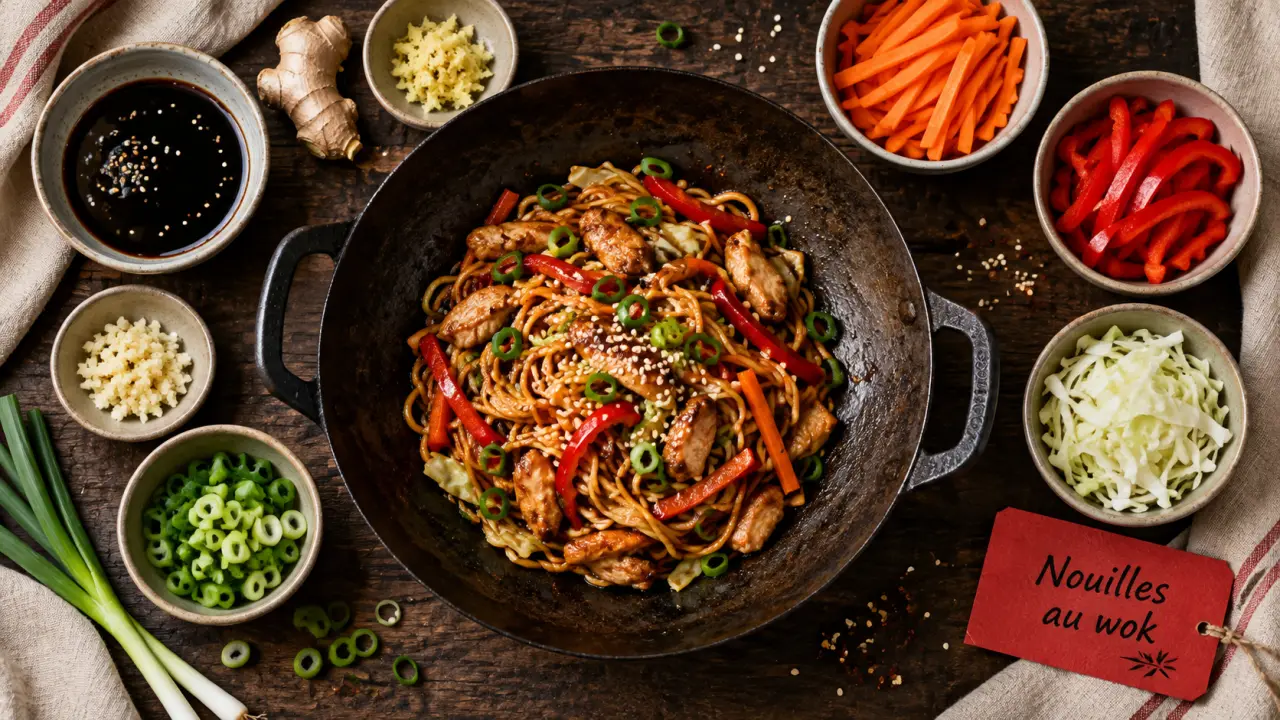 Recettes cuisine chinoise traditionnelle : nouilles au wok au poulet et légumes