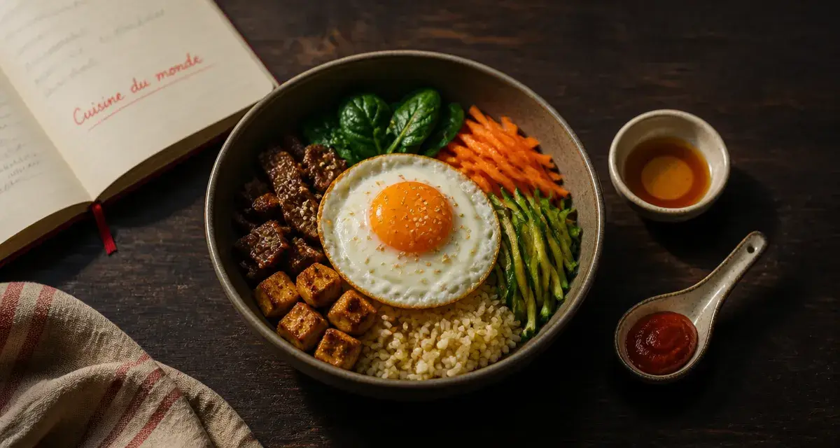 Voyage en cuisine recettes : bibimbap simplifié avec bœuf/toufu, légumes et gochujang