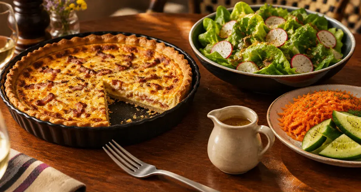 Accompagnement quiche : salade verte croquante aux radis, quiche et légumes frais